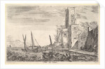 Tower of Calais, tower to right, two ships in the sea to left and in cent…, 1647 by Stefano della Bella