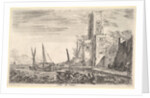 Tower of Calais, tower to right, two ships in the sea to left and in cent…, 1647 by Stefano della Bella