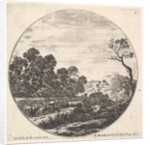 Plate 6: cows crossing a valley to left, a group of trees to left, a horseman and o…, ca. 1643-48 by Stefano della Bella