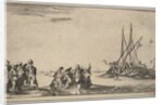 A rowboat full of men in center, a group of men standing on shore at left, a ship full of …, 1639 by Stefano della Bella
