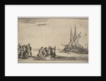 A rowboat full of men in center, a group of men standing on shore at left, a ship full of …, 1639 by Stefano della Bella