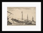 A rowboat full of men at right, a ship with men descending into a rowboat behind to left…, 1639 by Stefano della Bella
