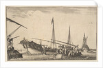 A rowboat full of men at right, a ship with men descending into a rowboat behind to left…, 1639 by Stefano della Bella