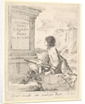 Plate 1: a young man sitting on a stone, facing left in profile, holding a drawing pad in …, 1650 by Stefano della Bella