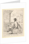 Plate 1: a young man sitting on a stone, facing left in profile, holding a drawing pad in …, 1650 by Stefano della Bella