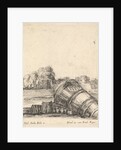 A mortar without a carriage lying on the ground to the right, soldiers firing canno…, ca. 1638-43 by Stefano della Bella