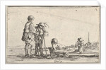 Plate 13: two peasants standing to left, a cripple kneeling on the ground in center, a…, ca. 1642 by Stefano della Bella
