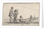 Plate 13: two peasants standing to left, a cripple kneeling on the ground in center, a…, ca. 1642 by Stefano della Bella