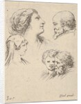 Plate 9: five heads, two young women at left, a bearded man at upper right, a young wo…, ca. 1649 by Stefano della Bella