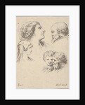 Plate 9: five heads, two young women at left, a bearded man at upper right, a young wo…, ca. 1649 by Stefano della Bella