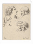 Plate 9: five heads, two young women at left, a bearded man at upper right, a young wo…, ca. 1649 by Stefano della Bella