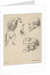 Plate 9: five heads, two young women at left, a bearded man at upper right, a young wo…, ca. 1649 by Stefano della Bella