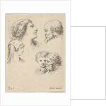 Plate 9: five heads, two young women at left, a bearded man at upper right, a young wo…, ca. 1649 by Stefano della Bella
