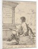 Plate 1: a young man sitting on a stone, facing left in profile, holding a drawing pad in …, 1650 by Stefano della Bella