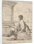 Plate 1: a young man sitting on a stone, facing left in profile, holding a drawing pad in …, 1650 by Stefano della Bella
