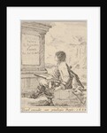 Plate 1: a young man sitting on a stone, facing left in profile, holding a drawing pad in …, 1650 by Stefano della Bella