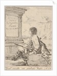 Plate 1: a young man sitting on a stone, facing left in profile, holding a drawing pad in …, 1650 by Stefano della Bella