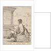 Plate 1: a young man sitting on a stone, facing left in profile, holding a drawing pad in …, 1650 by Stefano della Bella