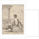 Plate 1: a young man sitting on a stone, facing left in profile, holding a drawing pad in …, 1650 by Stefano della Bella