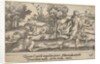 Atalanta and Hippomenes, in the foreground Atalanta kneeling to pick up an apple an…, ca. 1535-62 by Virgil Solis