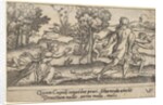 Atalanta and Hippomenes, in the foreground Atalanta kneeling to pick up an apple an…, ca. 1535-62 by Virgil Solis