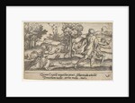 Atalanta and Hippomenes, in the foreground Atalanta kneeling to pick up an apple an…, ca. 1535-62 by Virgil Solis