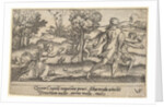 Atalanta and Hippomenes, in the foreground Atalanta kneeling to pick up an apple an…, ca. 1535-62 by Virgil Solis