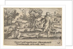 Atalanta and Hippomenes, in the foreground Atalanta kneeling to pick up an apple an…, ca. 1535-62 by Virgil Solis