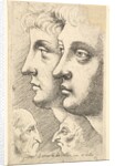 Two youths in profile to left with two grotesque heads facing each other below, 1625-77 by Wenceslaus Hollar