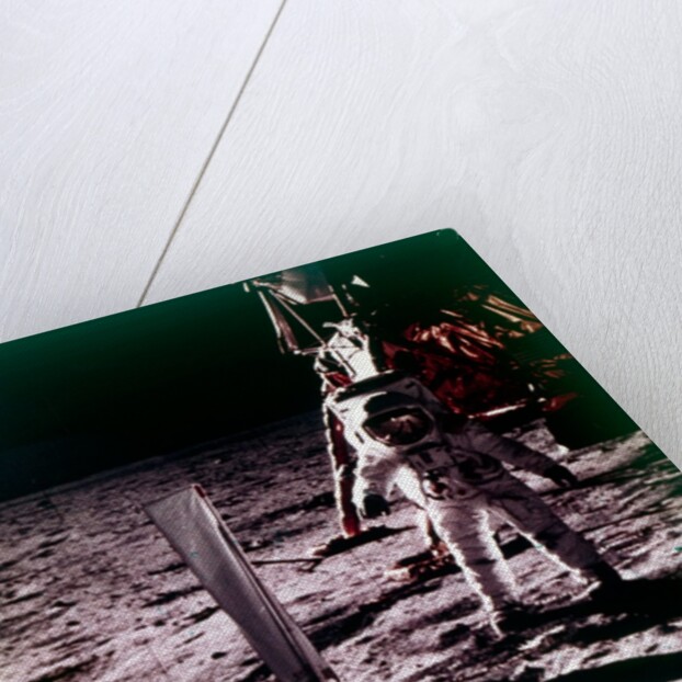Buzz Aldrin deploys solar wind collector on the surface of the Moon, Apollo 11 mission, July 1969 by Neil Armstrong