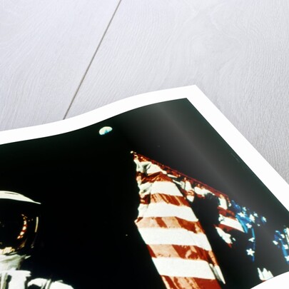 Harrison Schmitt with US flag on the surface of the Moon, Apollo 17 mission, December 1972 by NASA