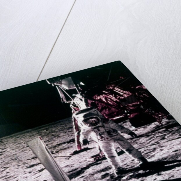 Buzz Aldrin deploys solar wind collector on the surface of the Moon, Apollo 11 mission, July 1969 by Neil Armstrong