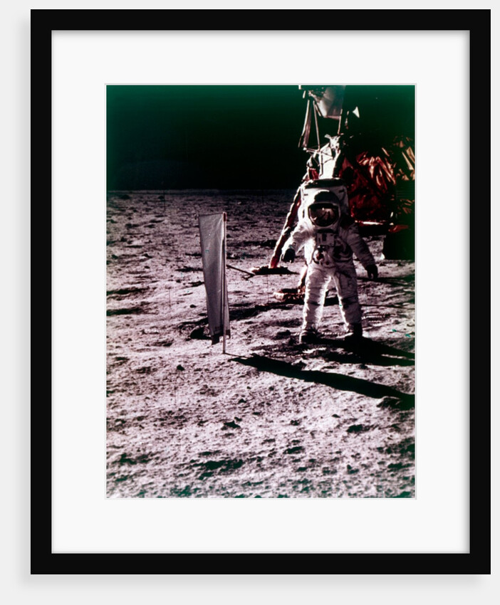 Buzz Aldrin deploys solar wind collector on the surface of the Moon, Apollo 11 mission, July 1969 by Neil Armstrong