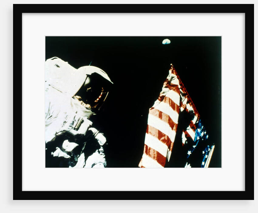 Harrison Schmitt with US flag on the surface of the Moon, Apollo 17 mission, December 1972 by NASA