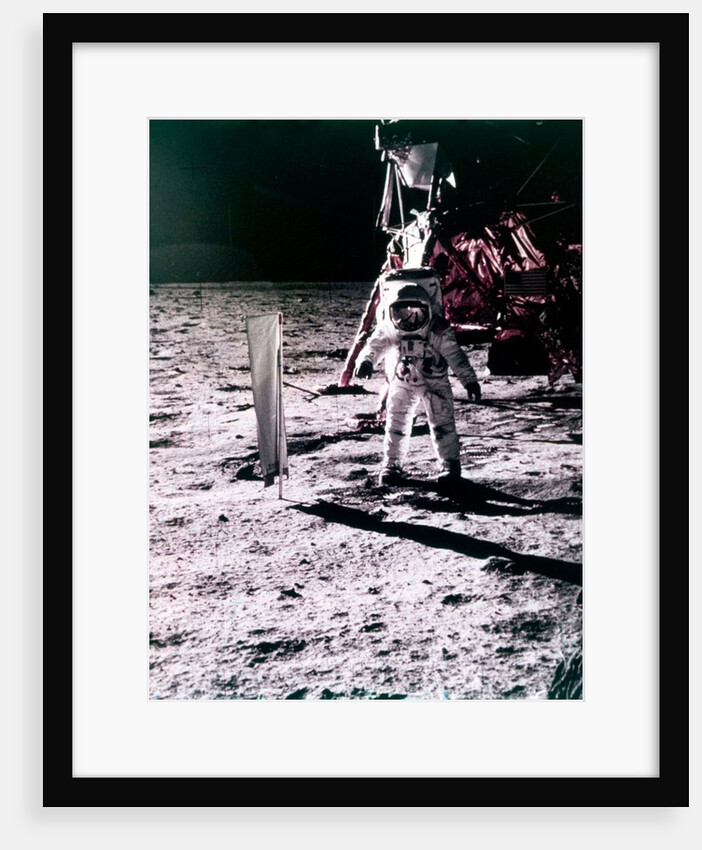 Buzz Aldrin deploys solar wind collector on the surface of the Moon, Apollo 11 mission, July 1969 by Neil Armstrong