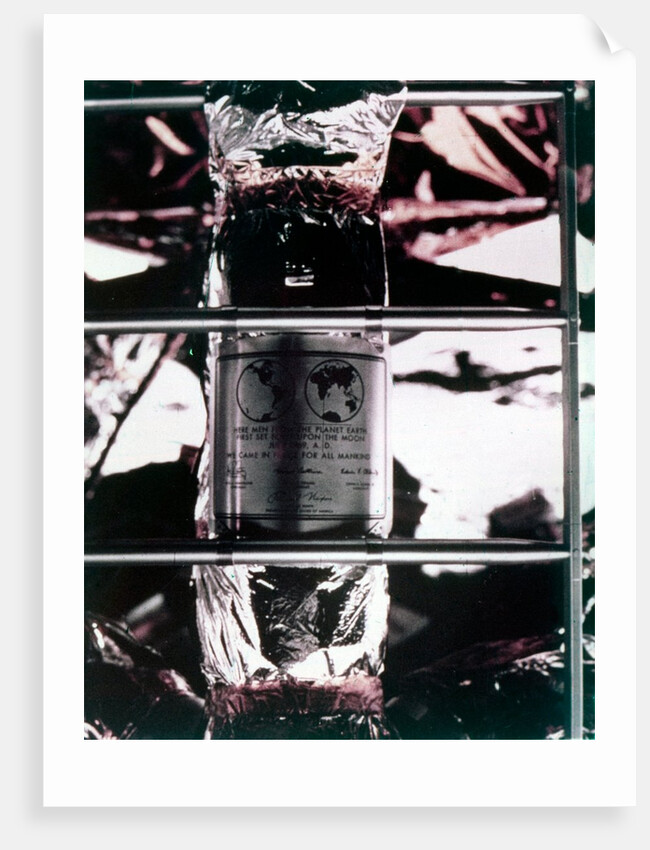 Plaque left on the Moon, Apollo II mission, July 1969 by NASA