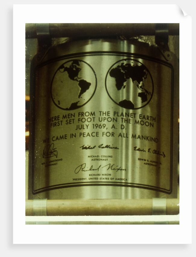 Plaque left on the Moon, Apollo II mission, July 1969 by NASA