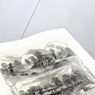 The Queen's Visit to Victoria Park: Views in the Park, London, 1873. Chinese Pagoda, Cascade, Rustic Seat, Boat House and Lake, Refreshment Saloon, Swings and Roundabouts by Anonymous