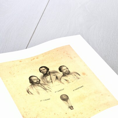 Portraits of Three Balloonists Ippolito Caffi, Francesco Arban, and G. Seiffard, with a Small View of Them in an Ascending Balloon, Rome, 1847, Italy by Anonymous