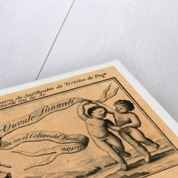 Print Shows Banner with Name of Italian Balloonist Vincent Lunardi; Includes Figure Playing a Drum and Two Others Dancing. by Anonymous