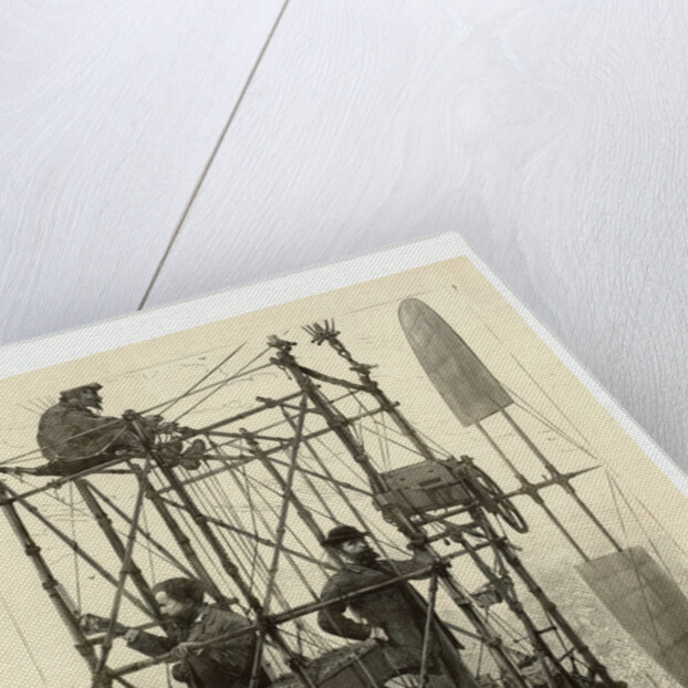 Albert Tissandier, Gaston Tissandier, and an Unidentified Man in the Basket of Their Airship Demonstrating an Electric Navigational System Featuring a Propeller by P. Ferat by Anonymous