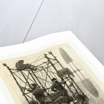 Albert Tissandier, Gaston Tissandier, and an Unidentified Man in the Basket of Their Airship Demonstrating an Electric Navigational System Featuring a Propeller by P. Ferat by Anonymous