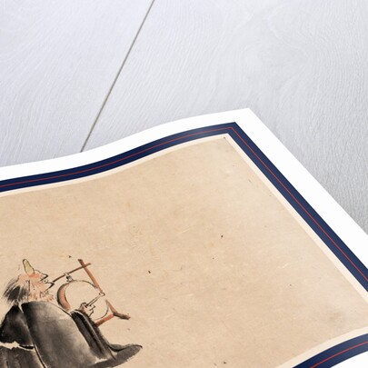 A Monk Wearing a Mask(?) with a Horn, Sitting on the Ground Beating a Drum (Tsuri-Daiko) by Anonymous