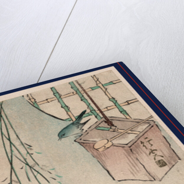 Bird Perched on the Edge of a Square Bucket Hanging by a Rope. by Anonymous