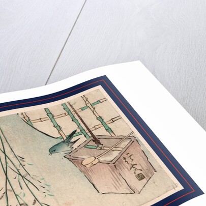 Bird Perched on the Edge of a Square Bucket Hanging by a Rope. by Anonymous