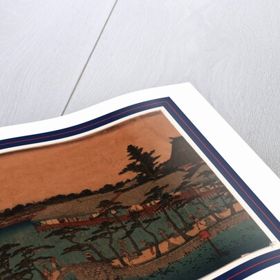 Pedestrians on a Tree-Lined Promenade that Bisects the Shinobazu Pond, with Buidings on Stilts Along the Shoreline by Anonymous