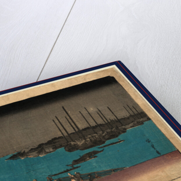 Pedestrians with Palanquin Crossing Bridge with Large Boats Moored in the Background by Anonymous