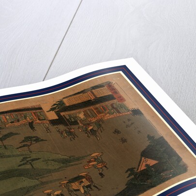 Travelers, Including a Group with a Palanquin, in the Commercial District of the Narumi Station on the Tokaido Road by Anonymous