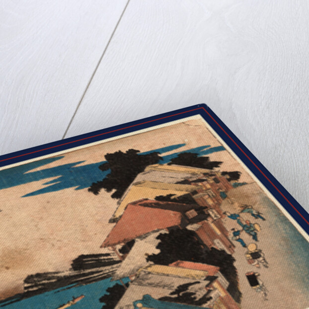 Travelers Walking Up Incline on the Tokaido Road at the Kanagawa Station with Village Buildings and Harbor with Ships on the Left by Anonymous