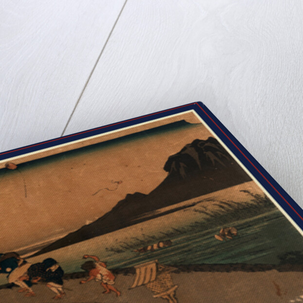 Travelers Crossing a Bridge on a Windy Day, a Kite Flies Overhead, and Workers in a Rice Paddy in the Background by Anonymous